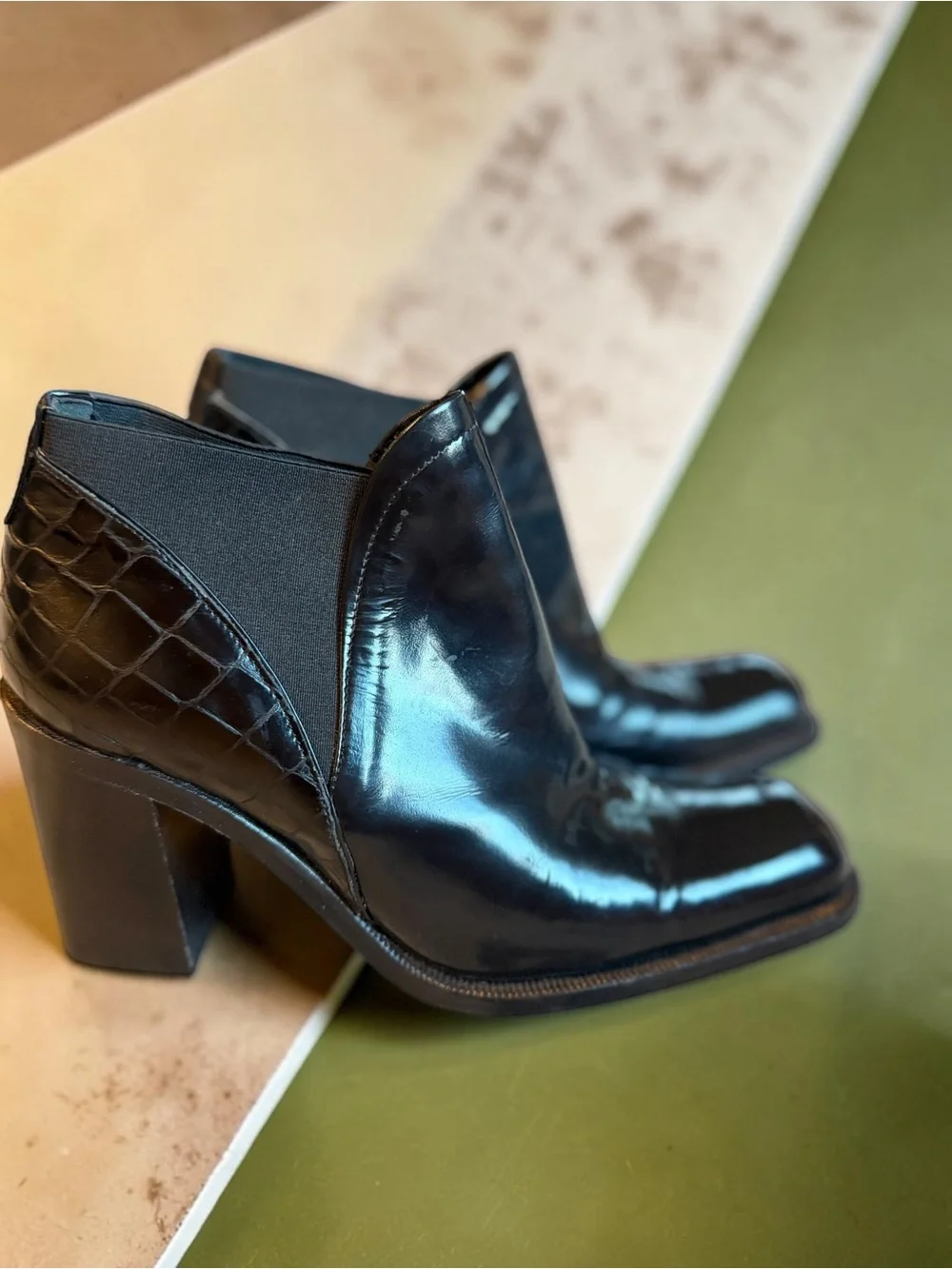 Via Spiga Patent Leather Ankle Boots 6.5B Black Square Toe Made in Italy